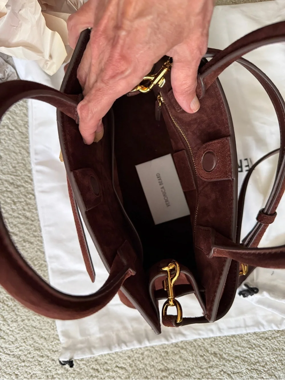 Veronica Beard Chestnut Brown Suede Dash Shoulder Bag